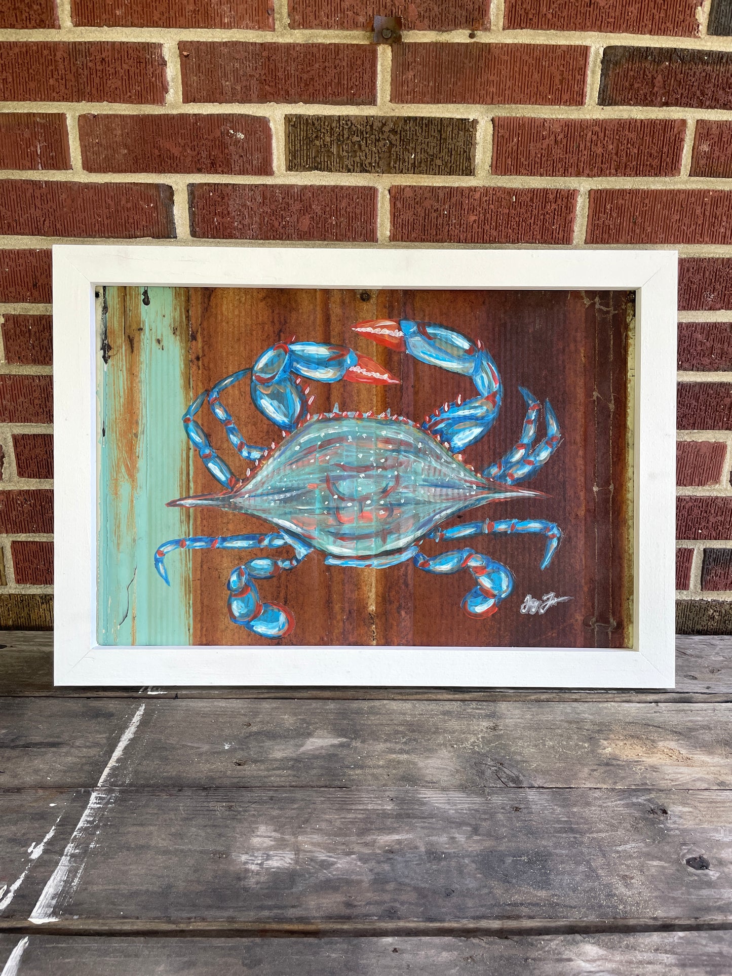 Original Blue Crab Painting on Rusty Metal