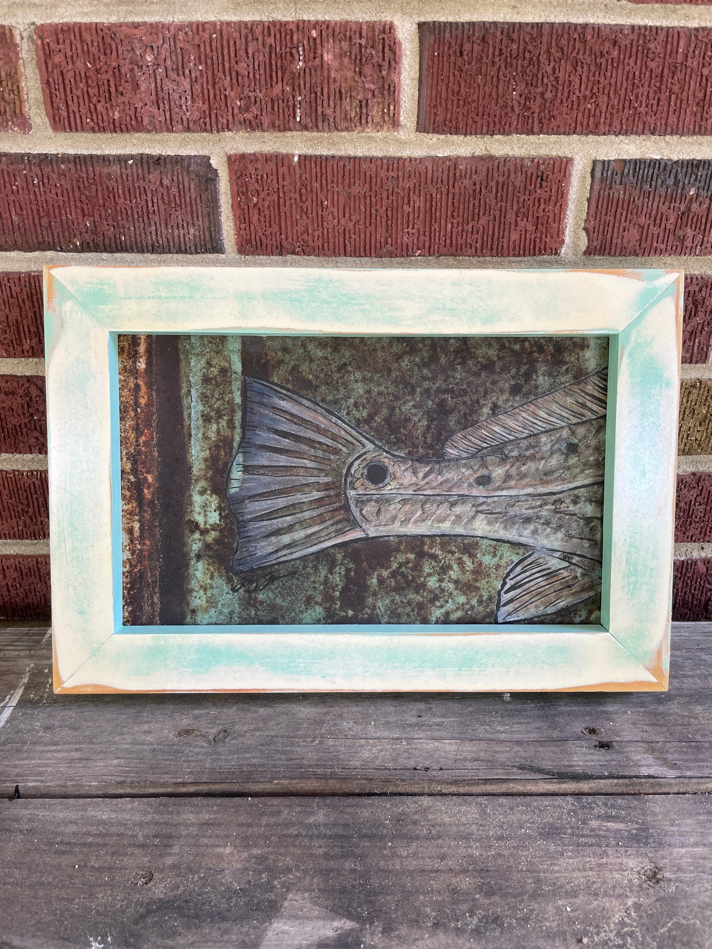 Original Redfish Tail Painting on Rusty Metal