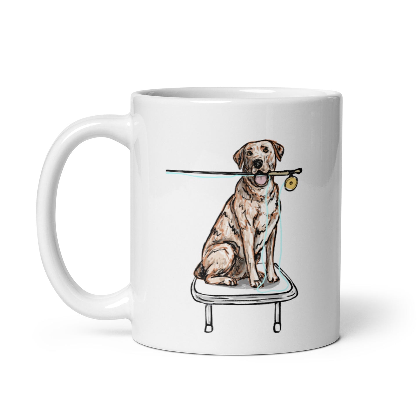 White/Yellow Lab Fly Fishing Coffee Mug