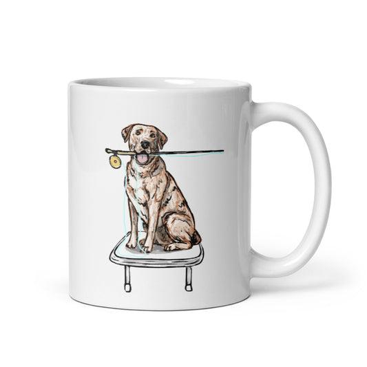 White/Yellow Lab Fly Fishing Coffee Mug