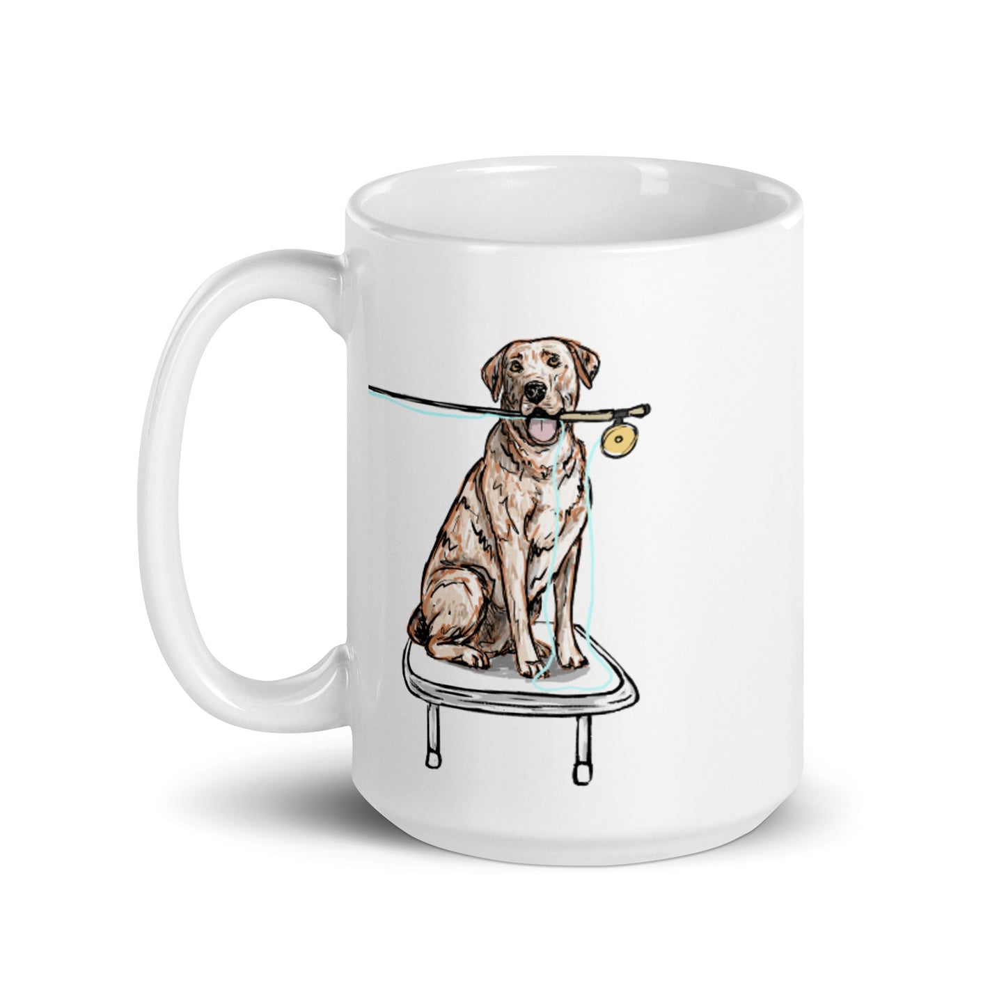White/Yellow Lab Fly Fishing Coffee Mug